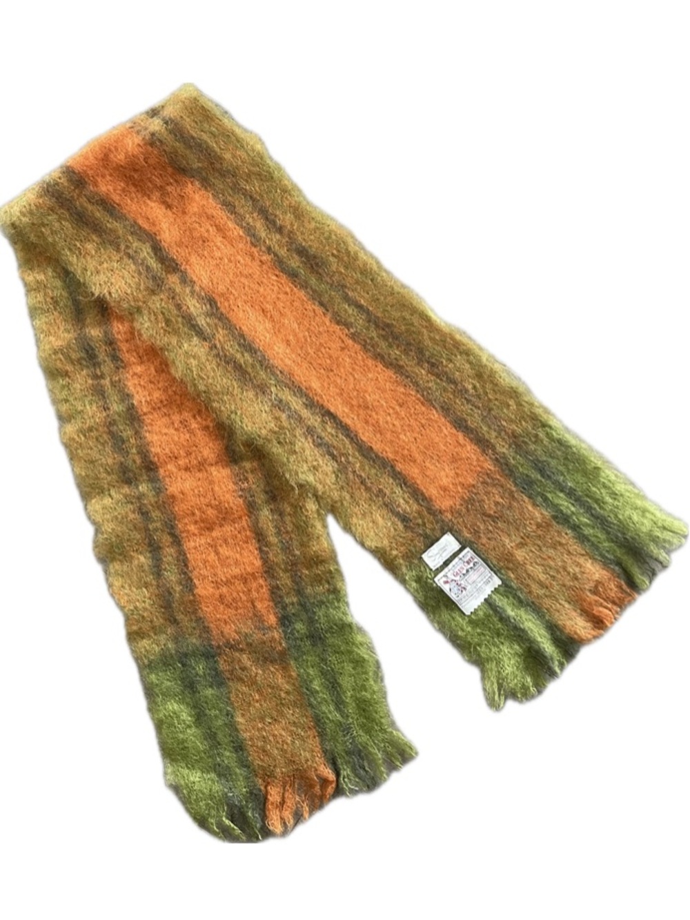 VTG Glen Cree Galloway Mohair Fringed Scarf Green Orange Made in Scotland